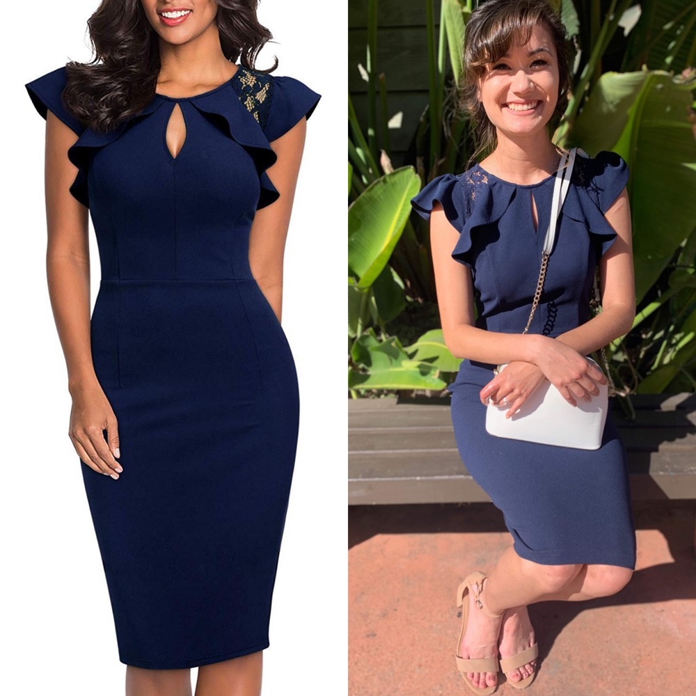 Ruffle Trim Lace Floral Bodycon Dress